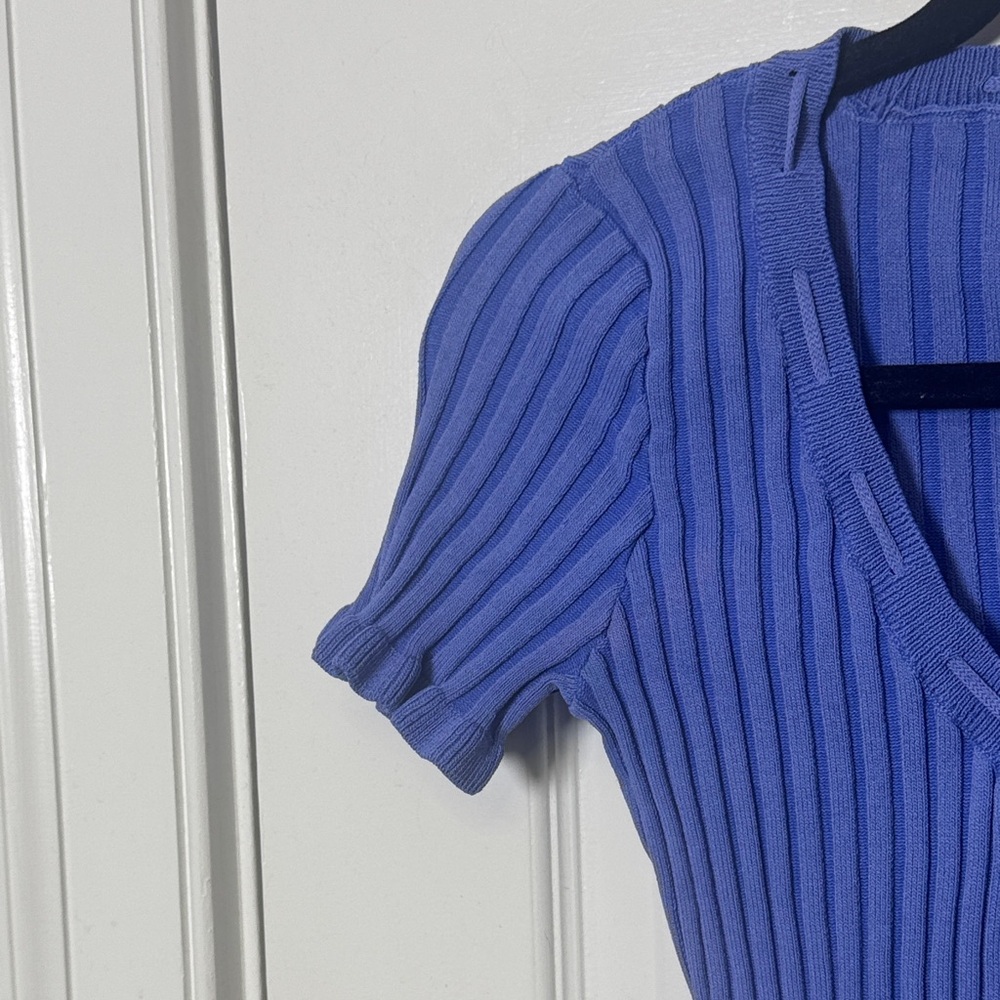 Intimately Free People Blue Ribbed Knit Ruffle Tie Front Short Sleeve Top XS - Picture 7 of 8